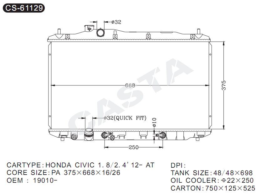 High Efficient Auto Parts Aluminum Radiator for Honda Civic 1.8/2.4'12-AT