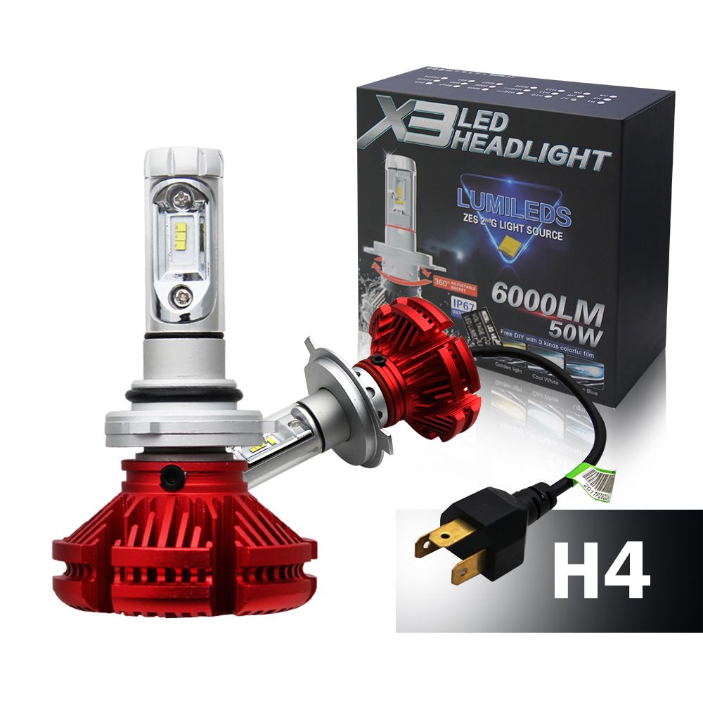 Fanless 6000lm X3 LED Headlight Kit Bulb H4 H7 H11