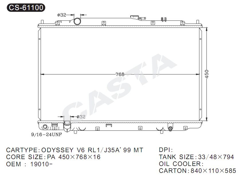 Hot Sell Radiator For Honda Odyssey V6 Rl1/J35a'99 MT