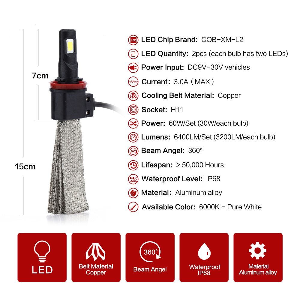 H11 6400lumens 60W 6000k LED Headlight Conversion
