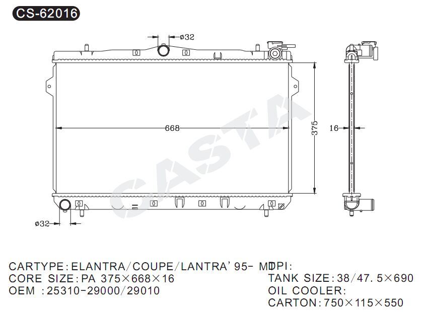 Auto spare part Hyundai radiator for Elantra/Coupe/Lantra'95-Mt