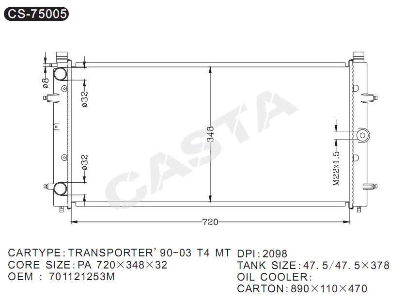 Leading aluminum radiator for Beetle'98-01 mt