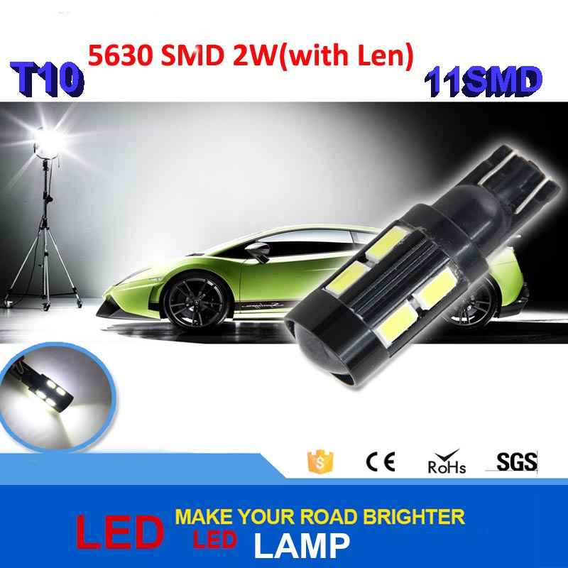 High Power LED Lens T10 5630 11SMD Canbus LED Lamp 2W with Len Auto Light Source Headlight Parking Driving Lamp Bulb DC 12V