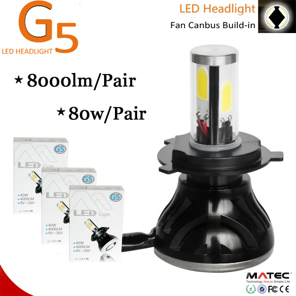 COB LED Headlight for Car LED Headlight Bulbs H4, 80W 8000lm 6000k, Auto Part