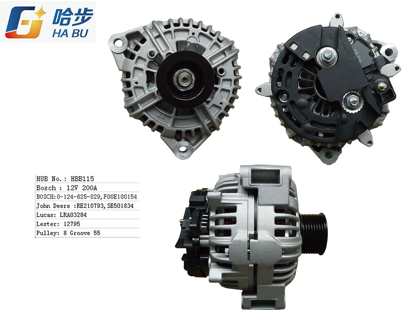 12V 200A Alternator for Bosch John Lester 12795 0124625029