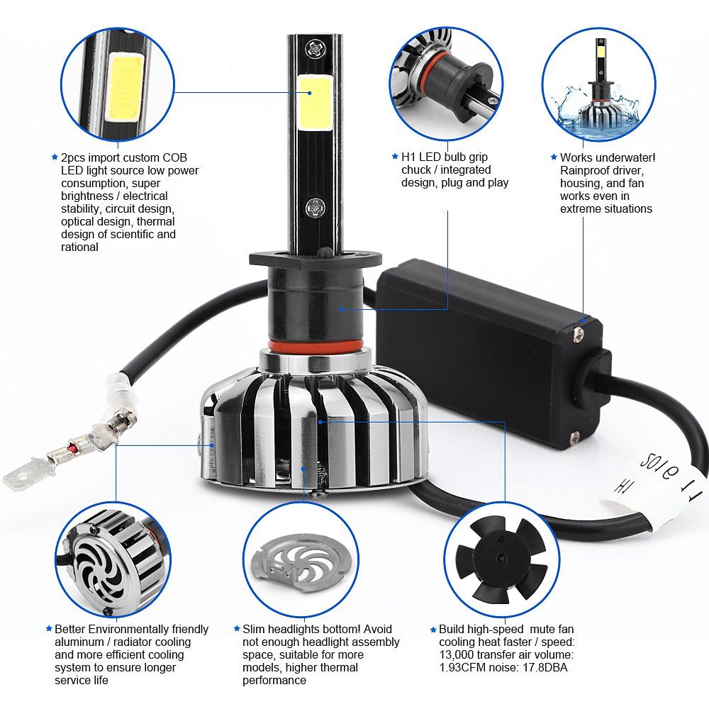 80W 8000lumens 6000k H1 LED Headlight Conversion