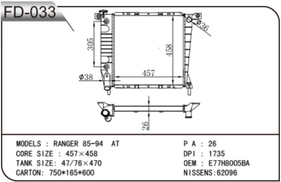 Ford Ranger Plastic Water Tank Radiator for Dpi: 1735