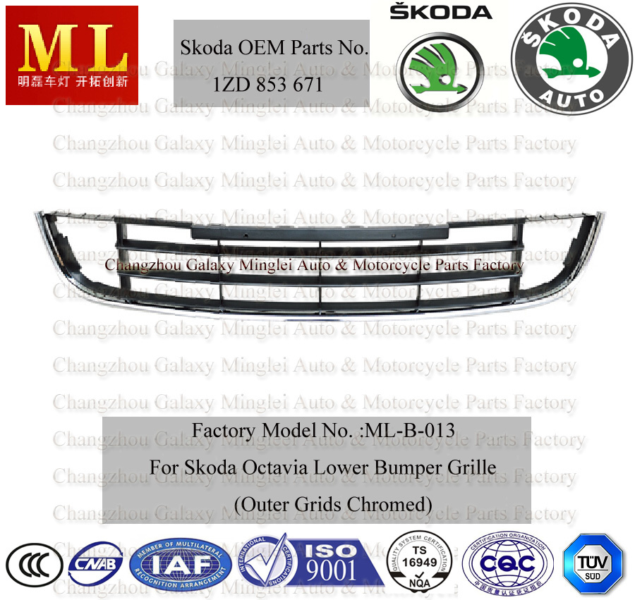 Auto Grille, Lower Front Bumper for Skoda Octavia Car From 2008-2ND Generation (OEM parts No.: 1ZD 853 671)