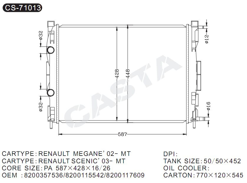 Top brand aluminium car radiator for Renault Megane'02-Mt