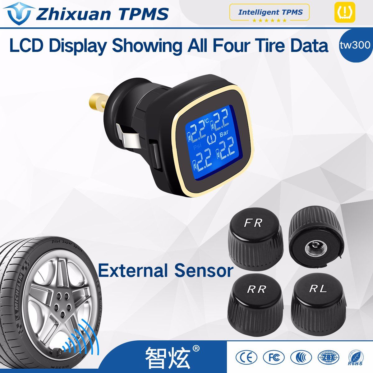 Car Cigar Lighter TPMS Tire Pressure Monitor System 4 External Sensor