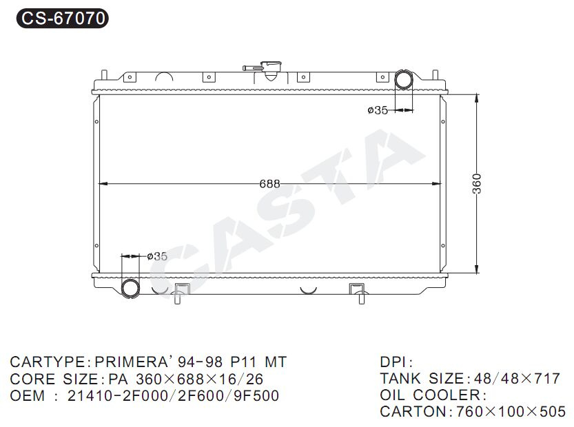 Reasonable price auto radiator for Nissan Primera'94-98 P11 mt
