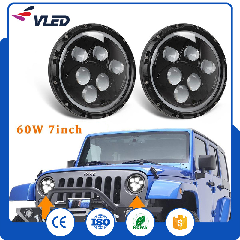 60W 7inch Hi/Lo Beam +DRL Angle Eyes LED Jeep Wrangler Headlight with DOT, E-MARK, Ce Approved