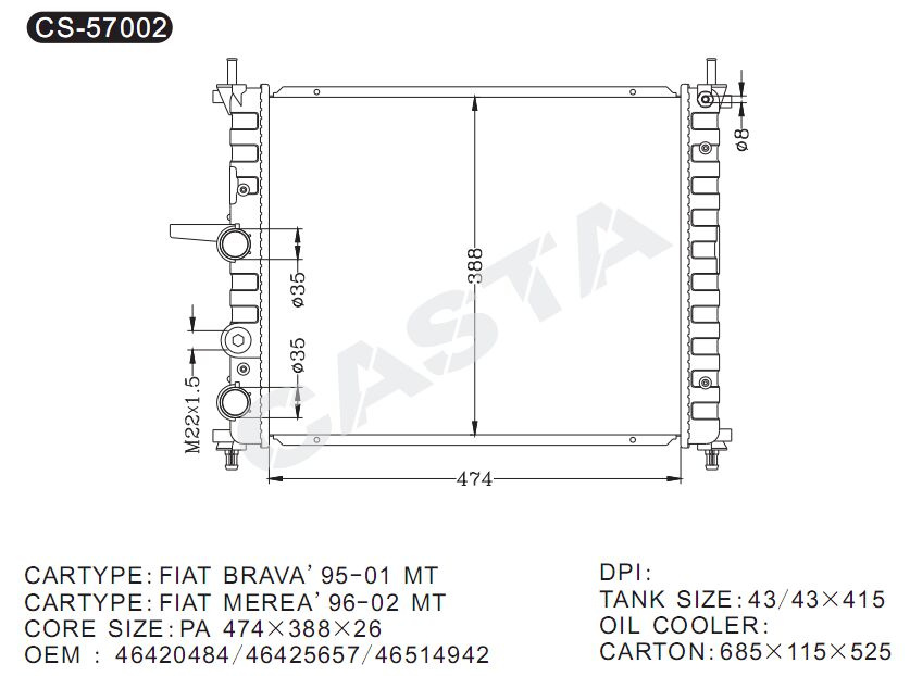 Engine Parts for FIAT Brava'95-01 Car Radiator