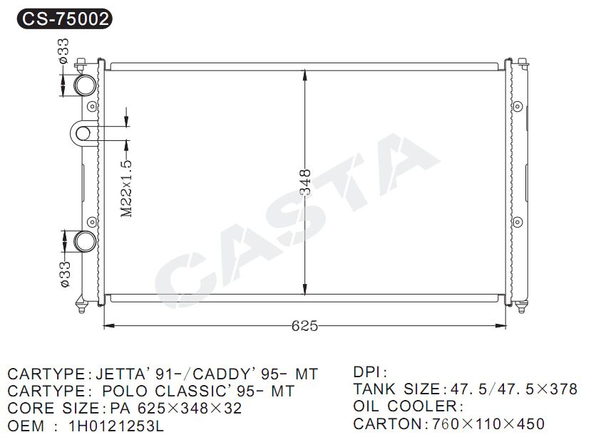 Famous brand aluminum auto radiator for Jetta'91-/Caddy'95-mt