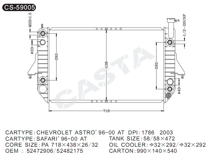 Efficient Cooling Aluminum Auto Radiator for Gmc Chevrolet Astro'96-00 at