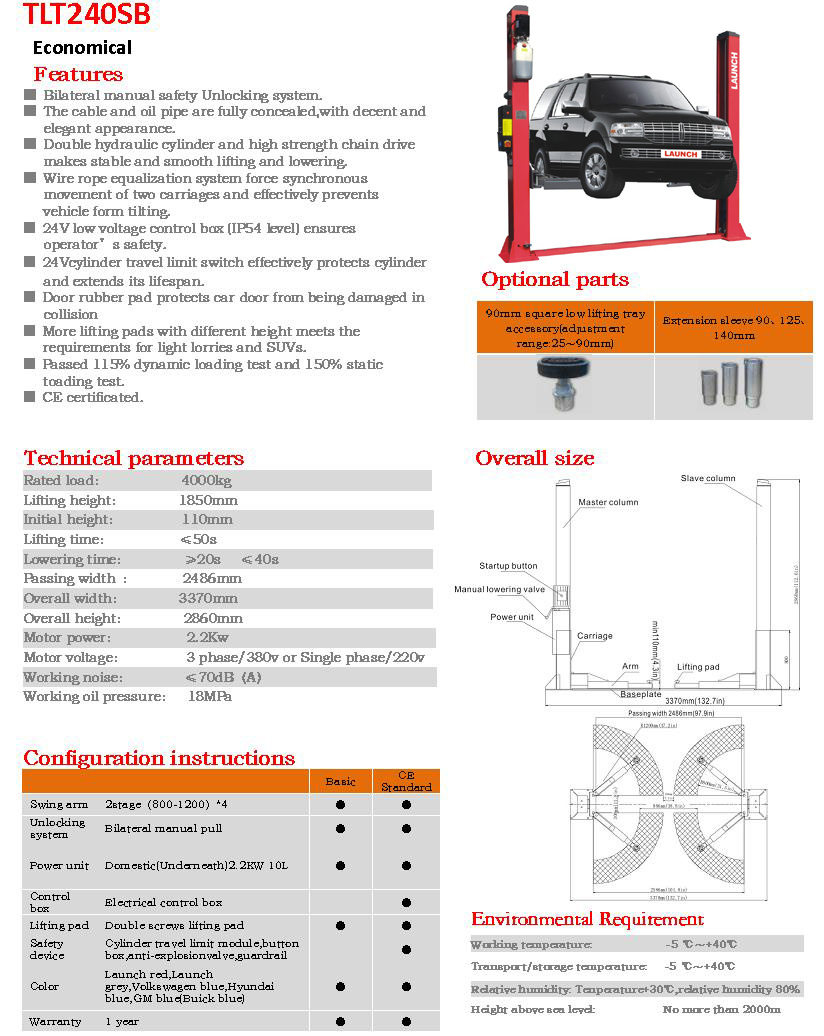 Original New Launch Tlt240sb 2 Post Car Lift Economical Two Post Car Lift
