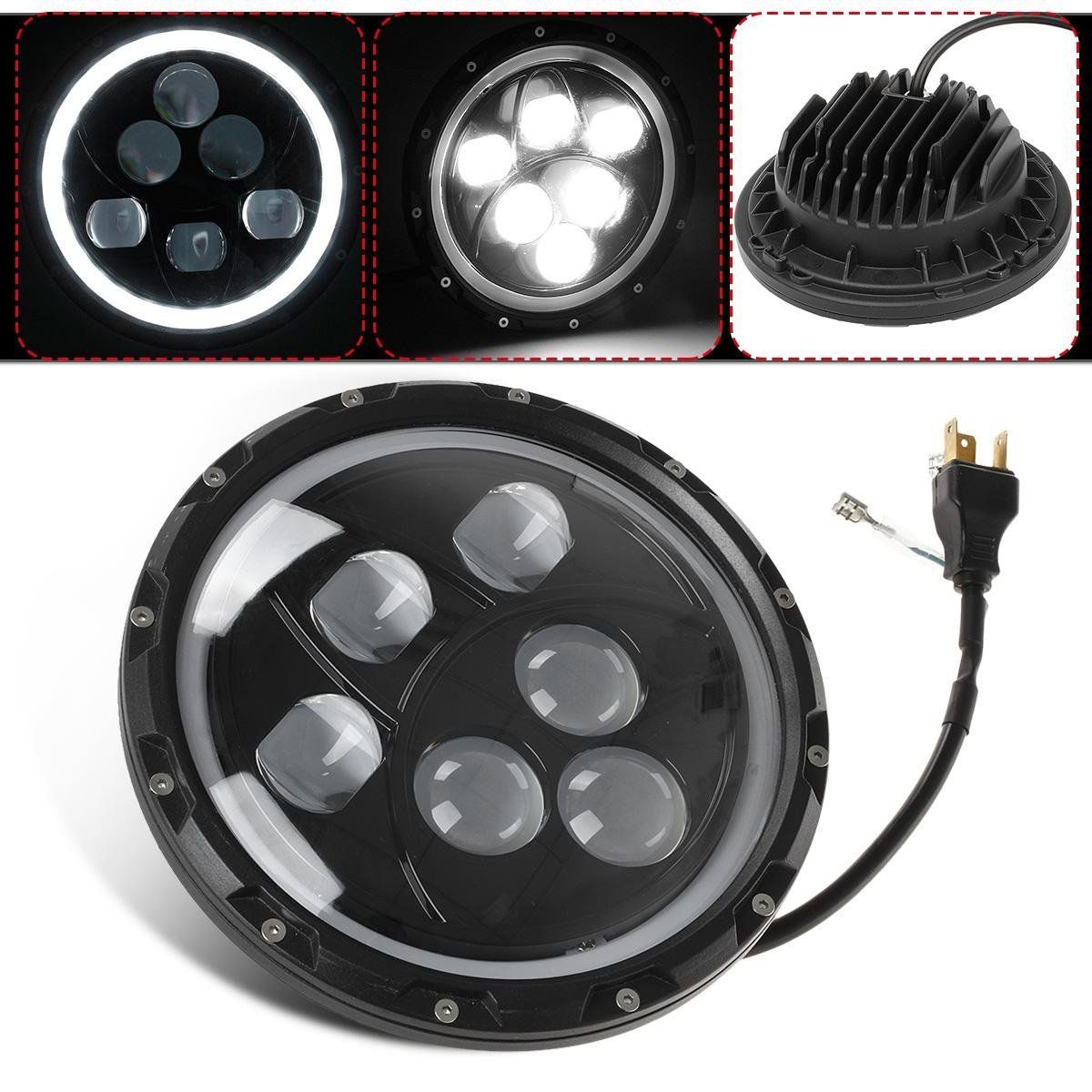 7 Inch LED Headlight for Jeep Wrangler with Halo Ring, 60W Round LED Headlight with DRL