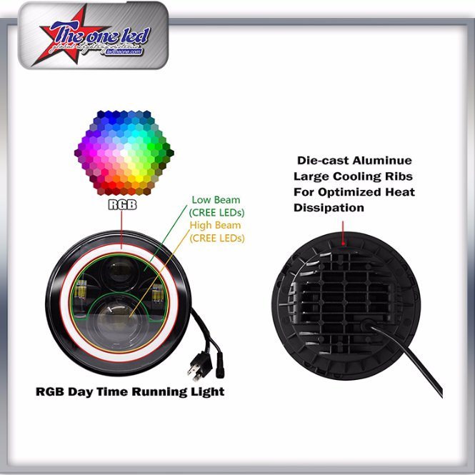 New Design 7 Inch Round Jeep Wrangler RGB DRL LED Headlight with Bluetooth Control