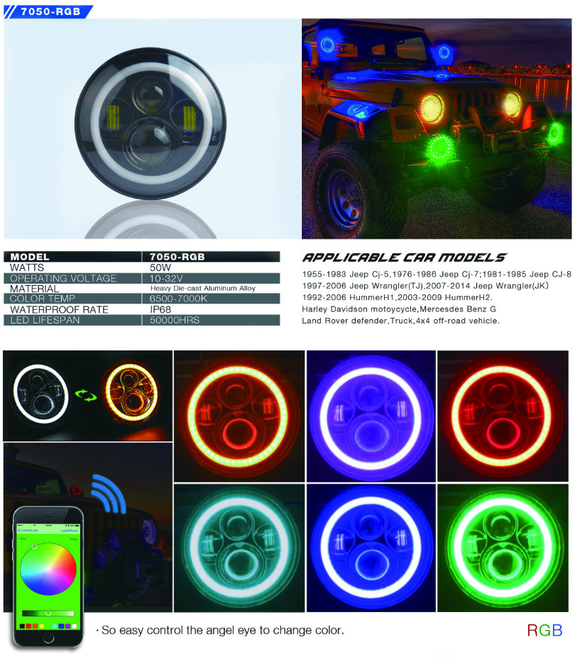 Waterproof IP67 High Power 7 Inch 50W RGB Headlight for Jeep Wrangler Headlight High and Low Beam LED Round Headlight with RGB Halo Ring