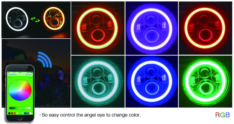 Waterproof IP67 High Power 7 Inch 50W RGB Headlight for Jeep Wrangler Headlight High and Low Beam LED Round Headlight with RGB Halo Ring