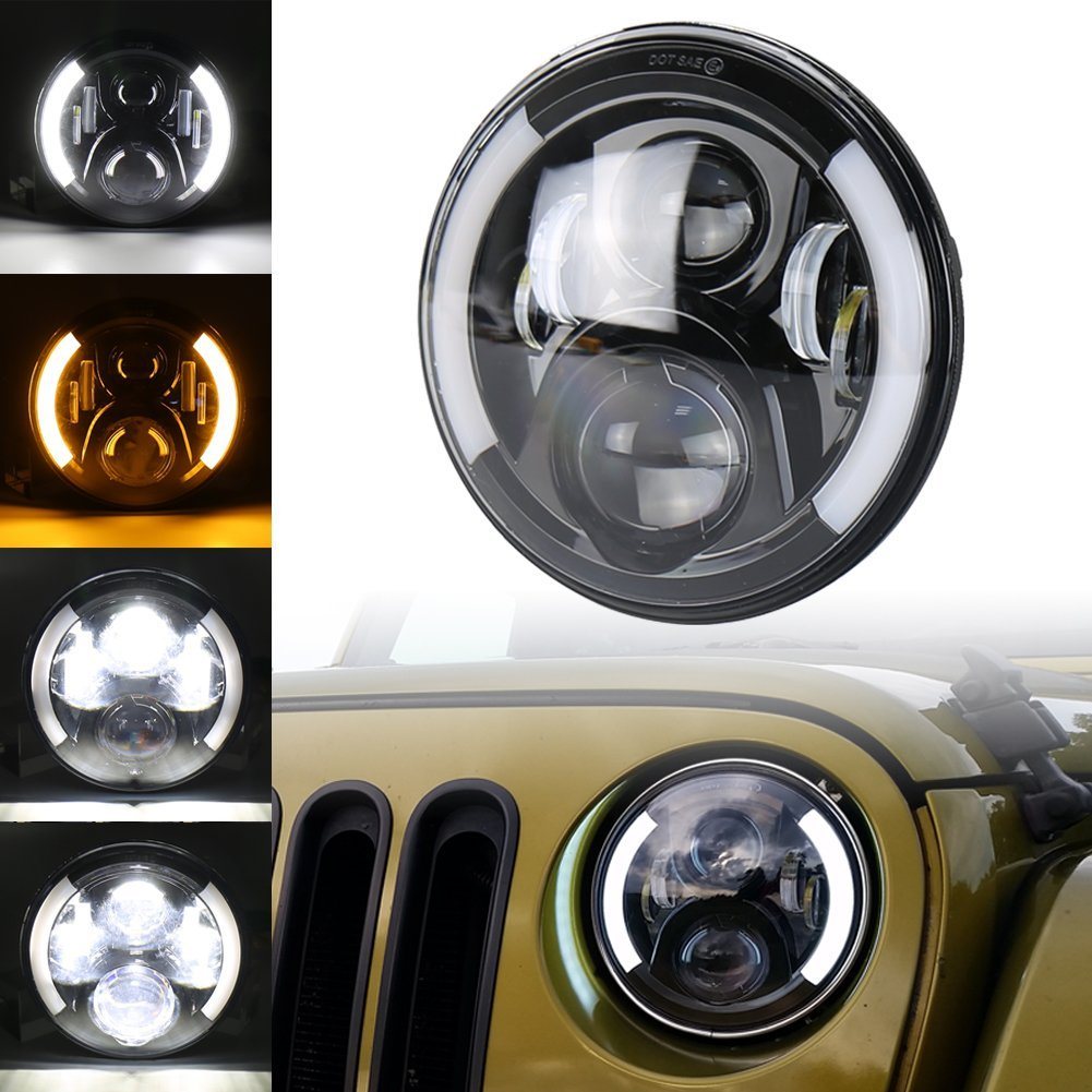 New Stylish Side Halo Ring 50W 7 Inch LED Headlight for Container Truck, LED Headlight with Halo for Jeep Wrangler